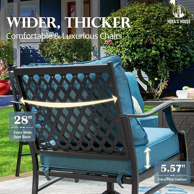 HERA'S HOUSE 5 Pieces Patio Furniture Set with Fire Pit Table, 4 x Thick Cushioned Chairs, 1 x Fire Pit Table (50,000 BTU), All Weather Outdoor Conversation Set for Garden Backyard Lawn, Pacific Blue