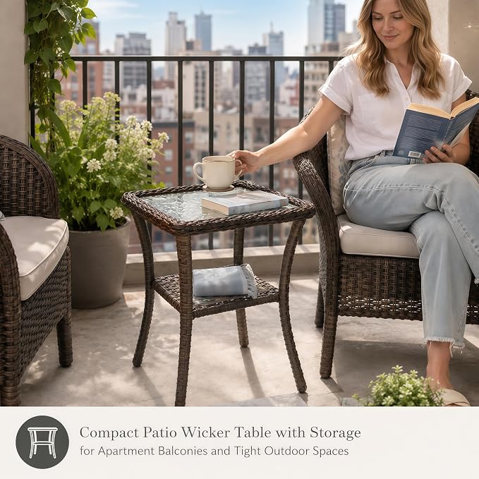 HUMMUH 20x20 Inch Wicker Patio Side Table with Glass Top, Espresso Brown | Powder-coated aluminum frame, PE rattan, lower storage shelf, 66 lb weight capacity, 20x20x22 inch dimensions
