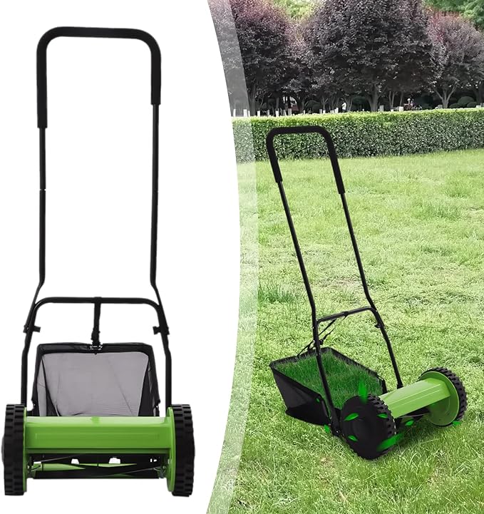 12-Inch Manual Lawn Mower, Adjustable Heights & Efficient Grass Catcher with Collection Bag Push Reel Lawn Mower Push Lawn Sweeper for Garden Yard Park (12-Inch Sweeper)