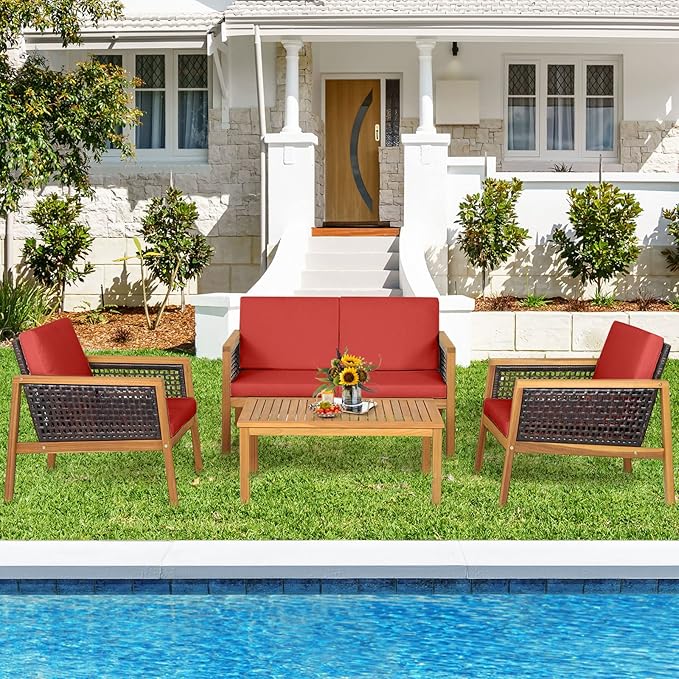 HAPPYGRILL 4 Pieces Patio Conversation Set Acacia Wood Furniture Set with Coffee Table, PE Rattan Wicker Sofa Set with Soft Cushions for Outdoor Garden Deck Poolside