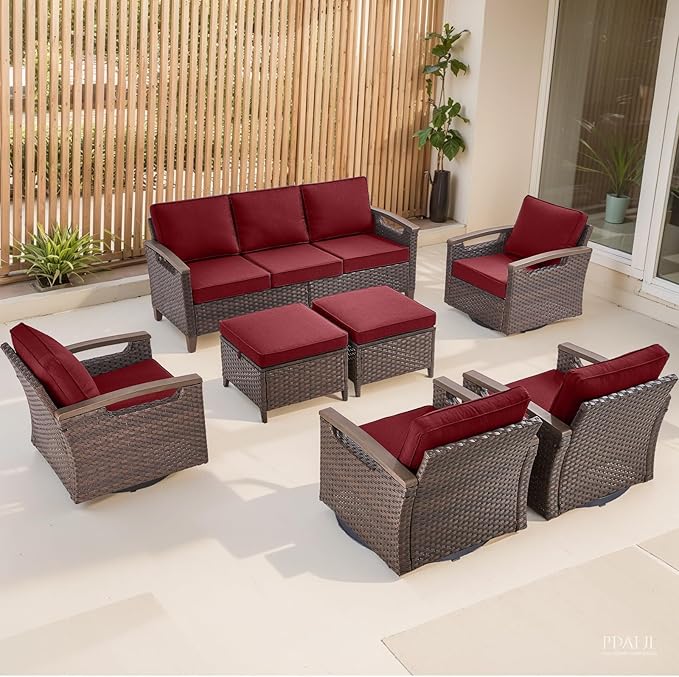 Rilyson Wicker Outdoor Patio Furniture Set - 7 Piece Patio Conversation Sets with Swivel Rocker Chairs, Ottomans, and Sofa, Thick Cushions, Waterproof Wicker, for Porch Deck Brown/Red