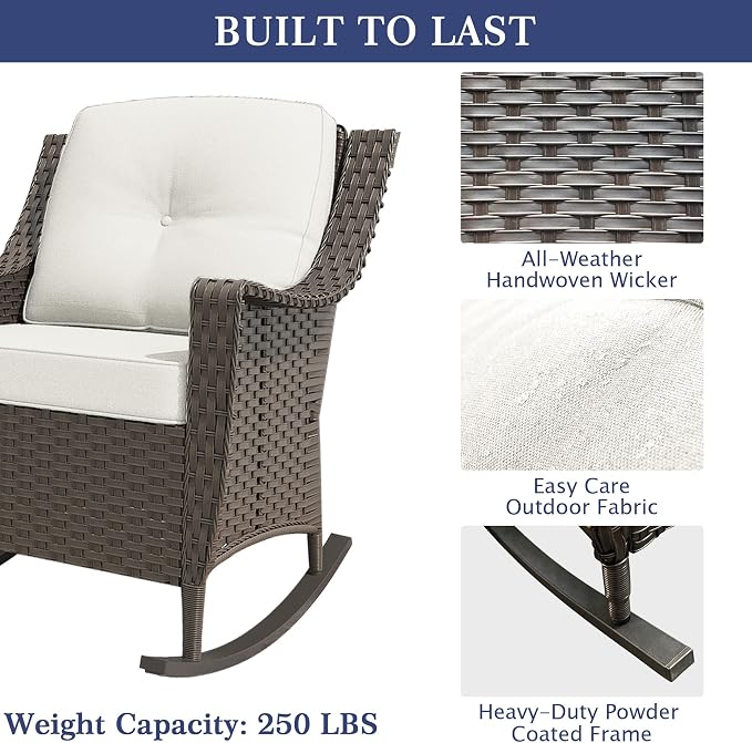 3 Pieces Patio Rocking Chairs, 2 High Back Rattan Furniture Set and Side Table, Outdoor PE Wicker Furniture Set, All Weather Patio Set with Waterproof Cushion for Porch and Deck