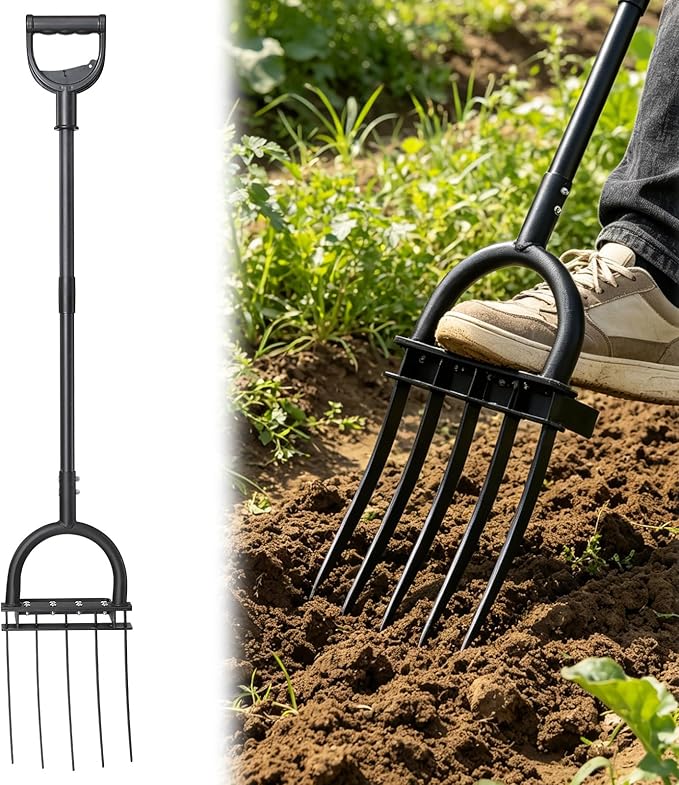 Broad Fork Garden Tool, 55" Heavy Duty 4 Sharp Tines BroadFork Hand Tiller Garden Pitchfork with Ergonomic Handles for Spading Digging Fork Gardening Cultivating Composting and Loosening