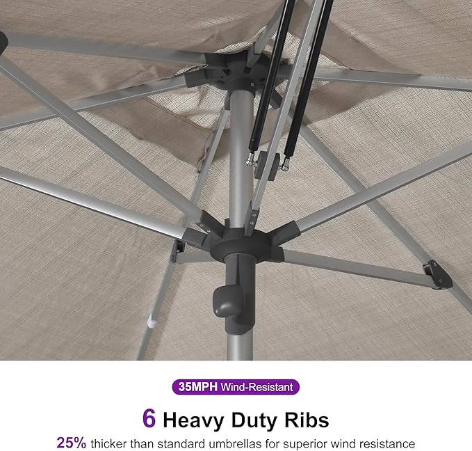 PURPLE LEAF 6 X 10 FT Semi-Auto Outdoor Patio Umbrella Market Table Sun Umbrellas with 6 Aluminum Sturdy Ribs for Backyard Deck Garden Pool (Silver Pole Beige Canopy)