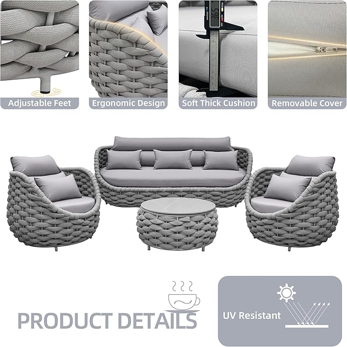 TWT 6-Piece Aluminum Patio Furniture Set, Modern Outdoor Conversation Set Sectional Sofa with Water Repellent Thick Cushions and Coffee Table for Balcony, Garden
