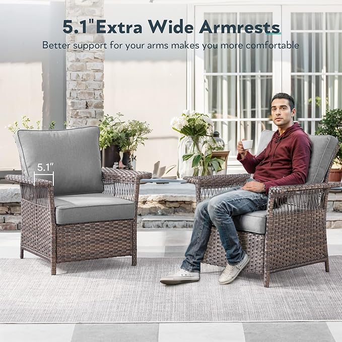 4 Pieces Wicker Patio Furniture Set - Hollow Widen Armrests Comfy Outdoor Rattan Chairs with Ottomans, Small Patio Convention Set for Balcony Porch Deck and Yard - Brown/Gray