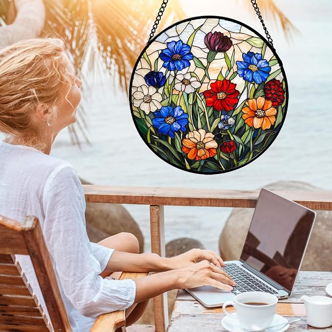 Stained Glass Suncatcher, Colorful Flowers Green Leaf Sun Catcher Landscape Stain Glass Window Hanging Decoration Mother's Day Birthday Gifts for Women Men Mom Nana 7.8 in