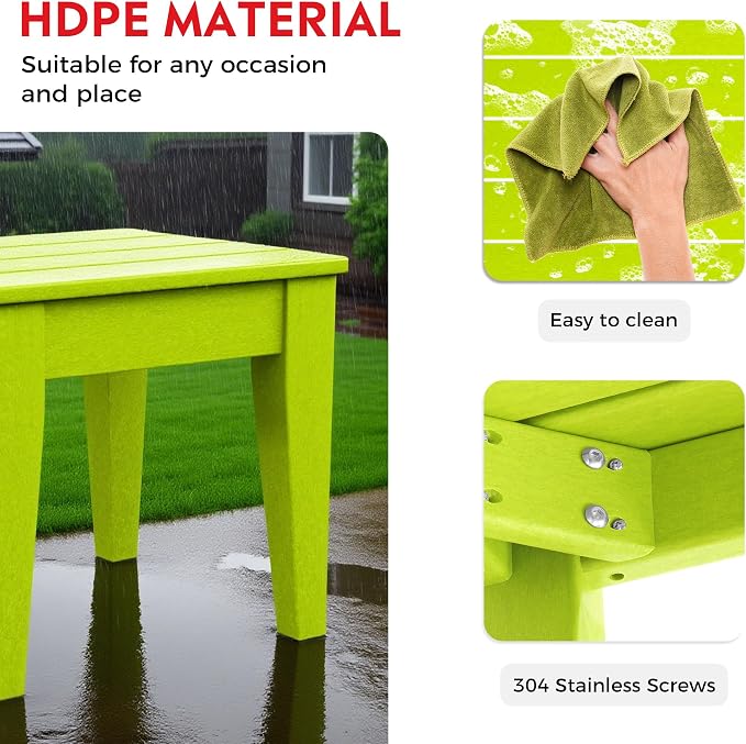 Costaelm Outdoor Patio Table and Chairs Set of 2, 2-Piece HDPE Garden Chair with Square Adirondack Side Table Set, Porch Chairs Coffee Table for Outside Porch Backyard, Lime