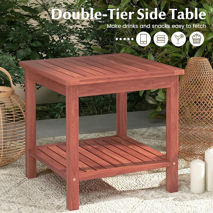 Tangkula Patio Side Table, Double-Tier Acacia Wood End Table, Slatted Tabletop & Shelf, Outdoor Small Side Table with Storage, Compact Wood Table for Backyard, Balcony (2, Natural)