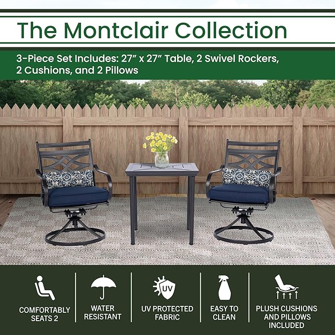 Hanover Montclair 3-Piece Patio Conversation Set, 2 Swivel Rocker Chairs with Comfortable Seat and Lumbar Cushions, 27" Square Stamped Rectangle Table, All-Weather Outdoor Bistro Set