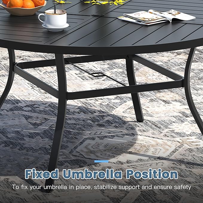DIFY 53.1" Round Outdoor Patio Dining Table for 6-8, All-Weather Metal Steel Slatted Patio Table with 1.57" Adjustable Umbrella Hole, for Lawn Garden Porch Backyard, Black