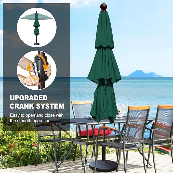 Eurmax USA 10-Year-Non-Fading 10FT 3-Tier Outdoor Patio Market Umbrella,UPF50+ UV Resistant,Heavy Duty Commercial Grade,Crank Lift Design,Windproof Vented Top for Garden,Pool,Deck,Forest Green