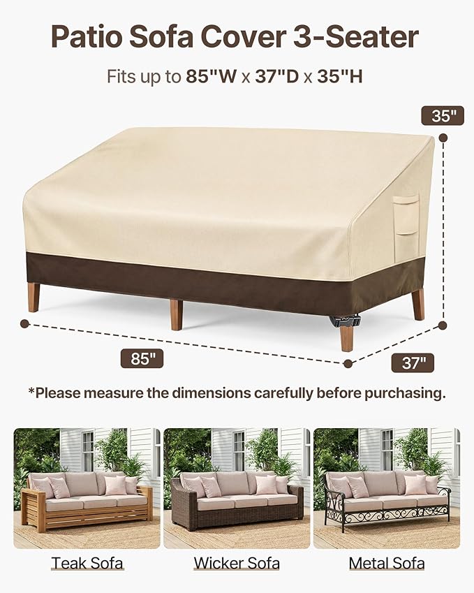 Vailge Heavy Duty Patio Sofa Cover, 100% Waterproof 3-Seater Outdoor Sofa Cover,Lawn Patio Furniture Covers with Air Vent and Handle,85" Wx 37" Dx 35" H,Beige&Brown