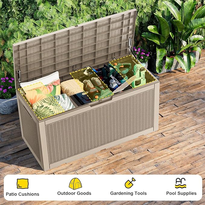 DRATO 320 Gallon Deck Box, Outdoor Large Waterproof Resin Storage Box with Lockable Lid for Patio Cushions, Gardening Tools (Gray, 320 Gallon)