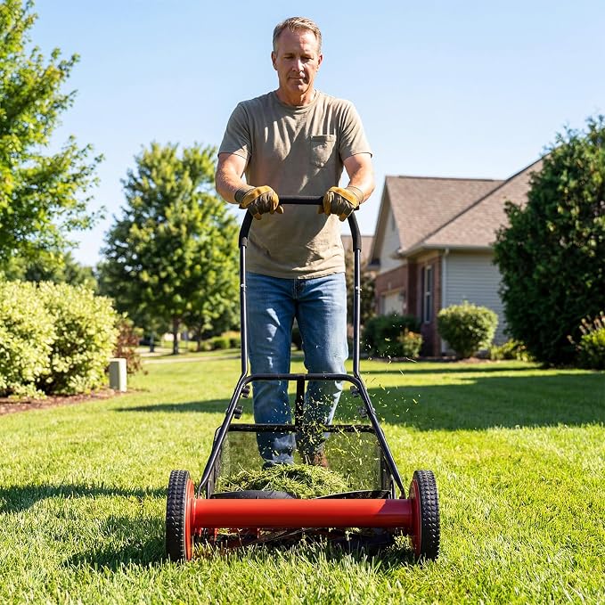 Push Reel Lawn Mower, Cordless 18" Manganese Steel Manual Grass Cutter with 5-Blade, Removable Grass Catcher, 9 Cutting Heights, Walk-Behind Lawn Mower for Garden Farm Yard (Red)