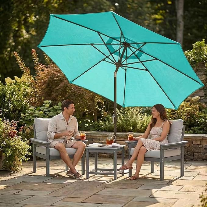 Kingdura 9FT Outdoor Patio Umbrella, Market Table Umbrella with Push Button Tilt and Crank, 8 Sturdy Fiberglass Ribs, UV Protection for Pool, Lawn, Deck, Backyard, Garden (Tiffany blue)