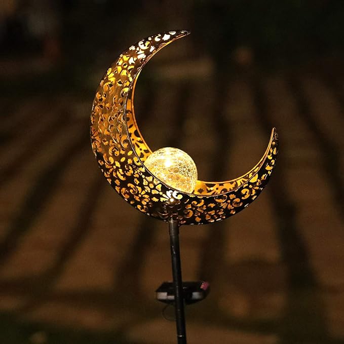 Starryfill Moon-Shaped Garden Solar Lights, Outdoor Bronze Metal Waterproof Stake with Crackle Glass Globe Warm White LED for Pathway Lawn Patio or Courtyard