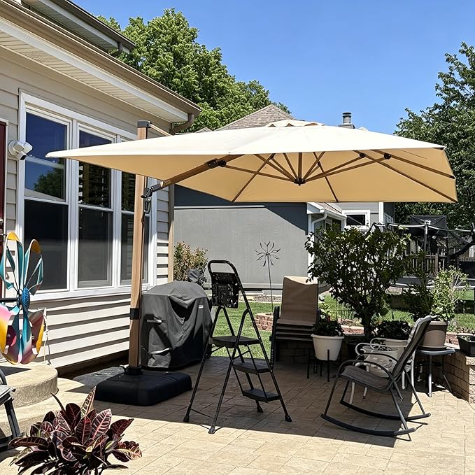PURPLE LEAF 10‘ x 13’ Rectangle Patio Cantilever Umbrella Large Hanging Umbrella Teak Finished Aluminum Frame Windproof Offset Outdoor Sun Umbrellas for Beach Pool Deck, Beige