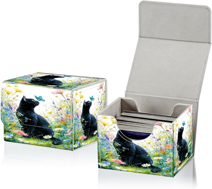 Card Deck Box for MTG, Cards Storage Box Fits 120+ Sleeved, Leather Small Size Strong Magnetic Closing Card Case for Board Games Magic TCG CCG Baseball Collection, Lawn Black Cat