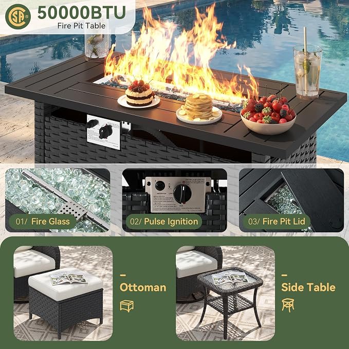 Aoxun 9-Piece Patio Furniture Set with 44” Fire Pit Table, Wicker Outdoor Sectional Sofa with High Back Swivel Rocker Chairs, Outdoor Patio Furniture Set with Thick Cushions & Ottoman, Beige