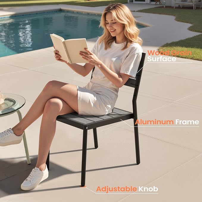 Pellebant Outdoor Dining Set for 8, 9 Pieces Aluminum Patio Table and Stackable Armless Chairs with Umbrella Hole & Wood-Like Top, Grey