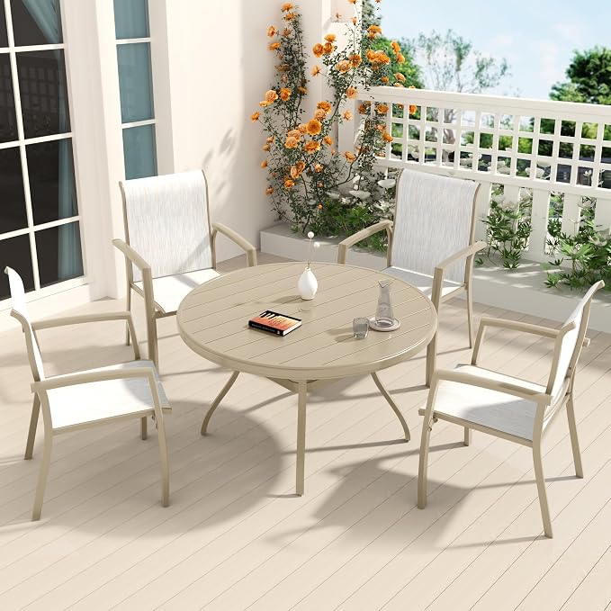 LUMISOL 5-Piece Outdoor Patio Dining Set, Patio Furniture Set with 4 Patio Stackable Dining Chairs and 40.6” Outdoor Metal Round Table, Sandstone