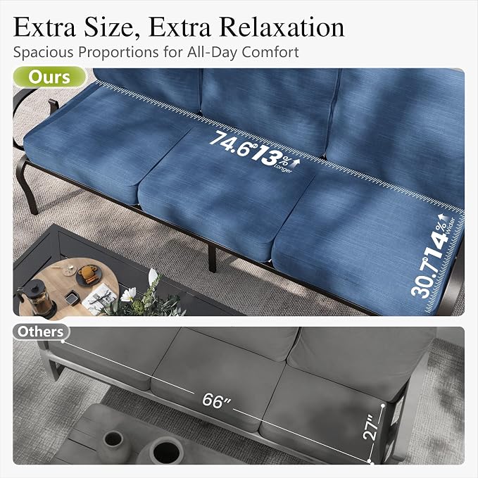 Sophia & William Patio Conversation Set for 7, 3-Seater Sofa, 2 Fixed Chairs, 2 Rocking Chairs and a Coffee Table, Metal Outdoor Furniture with 5.75" Extra Thick Cushions, Navy