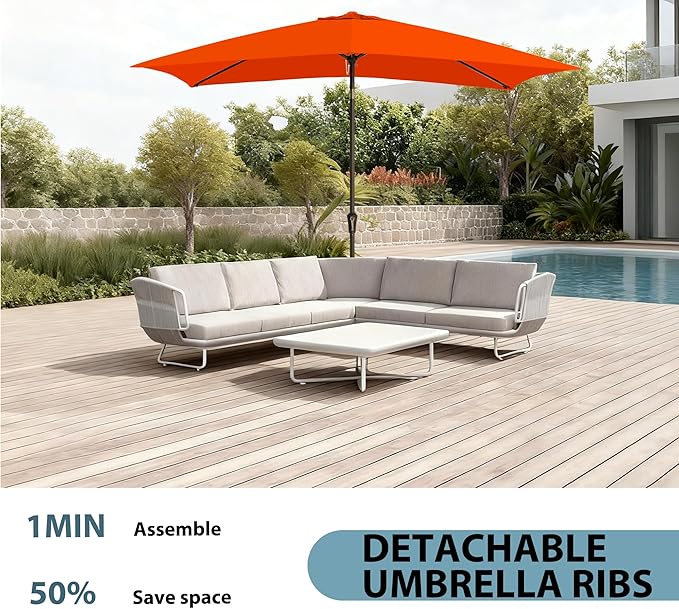 6.5x10FT Rectangular Patio Umbrella with Push Button Tilt & Crank Lift for Garden,UV Protection Outdoor Umbrella for Deck,Pool and Yard,Orange