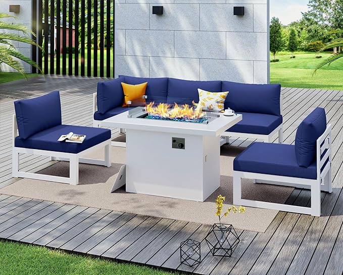 NICESOUL 6 Piece Modern Aluminum Patio Furniture Set with Fire Pit Table, 500 lbs Heavy Duty Outdoor Sectional Sofa, 29" Deep Wide Oversized Seating Conversation Couch for Garden Exterior, Navy Blue