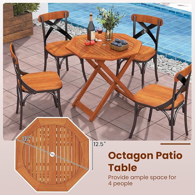 HAPPYGRILL Outdoor Patio Wood Dining Table for 4, Octagon Folding Bistro Table with 2" Umbrella Hole for Garden, Porch and Backyard, No Assembly Required (2)