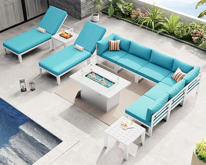 NICESOUL 8 People Large Luxury Aluminum Patio Conversation Set with Lounge Chair & Fire Pit Table, 29" Deep Wide Modular Sectional Couch, 500 lbs Heavy Duty All Weather Outdoor Sofa for Poolside, Teal
