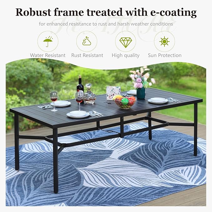 HERA'S HOUSE 9 Pieces Patio Dining Set, Outdoor Metal Table and Chairs Set for 8, 83" Rectangular Table with 1.71" Umbrella Hole, 8 x Textilane Patio Dining Chairs for Lawn Garden Backyard Deck