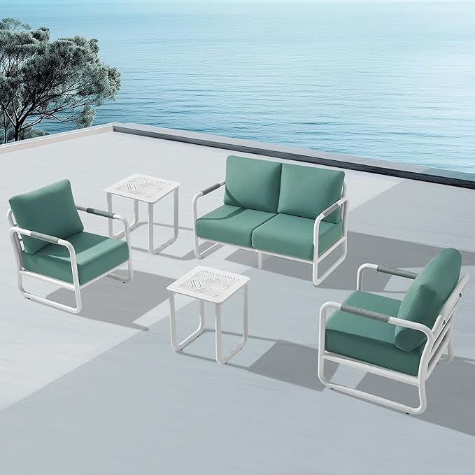 MBY Outdoor Aluminum Patio Furniture Set, 4-Seats Patio Conversation Sofa Set with 2 Coffee Table and Thickened Cushions, All Weather for Pool, Garden-White