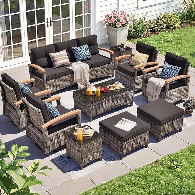 MEISSALIVVE 10 Pieces Patio Furniture Sets,Wicker Patio Conversation Sets with 4 Wood Armrests Swivel Glide Chairs, 2 Ottoman, 3-seat Sofa and Coffee Table (Black)