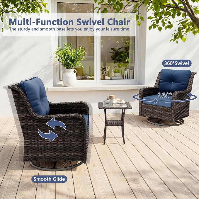 Outdoor Patio Furniture Set,7 Pieces 7 Seats Outdoor Sectional Furniture All Weather Thick PE Rattan Wicker Patio Conversation Set with Ottoman & Coffee Table,Swivel Rocking Chairs Set,Navy Blue
