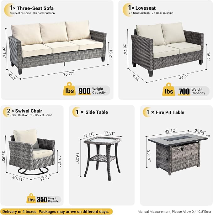 ovios 6 Pieces Patio Furniture Set with Rectangular Fire Pit Table, Swivel Rocking Chairs, Loveseat, Outdoor High Back Wicker Rattan Conversation Set for Deck Porch, Beige