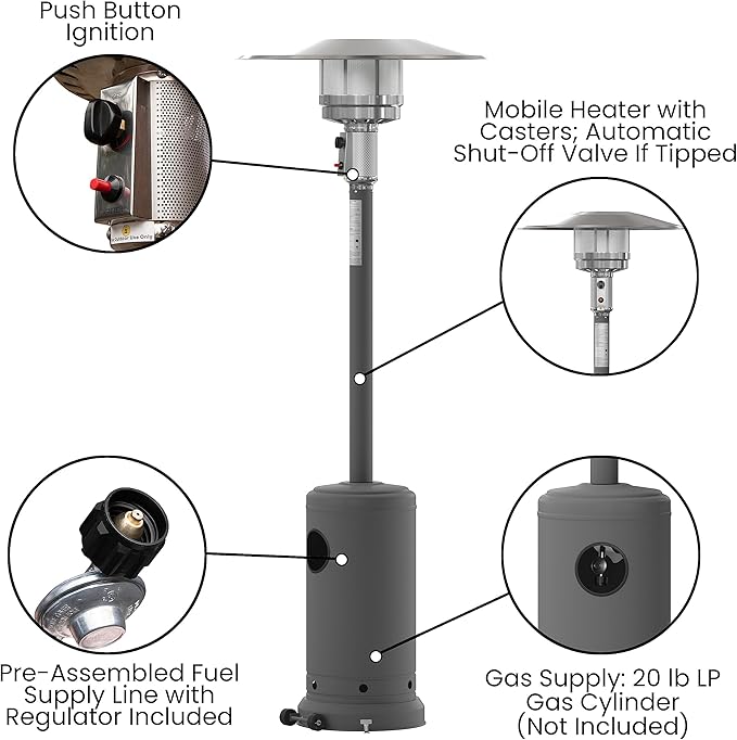 Flash Furniture Sol Patio Outdoor Heating-Slate Gray Stainless Steel 40,000 BTU Propane Heater with Wheels for Commercial & Residential Use-7.5 Feet Tall, 90" High