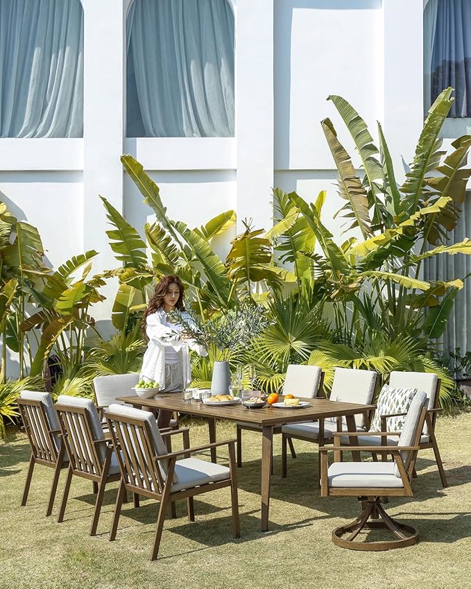 9 Pieces Patio Dining Set for 8, Never-Rust All-Aluminum Outdoor Dining Set with Removable Cushions, Patio Furniture Set with 2 Swivel Chairs, Patio Table and Chairs Set for Deck Yard, Teak