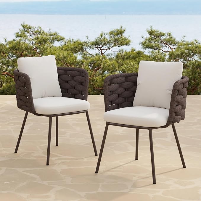 LOVEDIMA 70.9'' Patio Table and Chairs Set,7 Pieces Patio Furniture Set Outdoor Sintered Stone Top Dining Table Set with Rope Woven Armchairs for 6,Gray & Brown