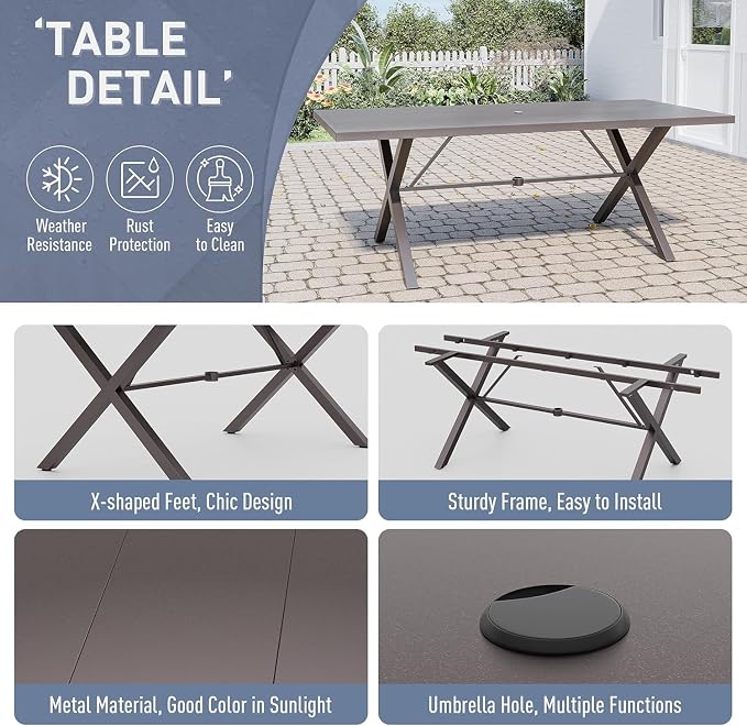 7 Piece Outdoor Dining Set for 6, Metal Patio Table and Chairs with Cushions, Patio Furniture Set with 6 Stackable Chairs, Rectangular Patio Dining Table with Umbrella Hole, Lawn Deck, Yard-Sand