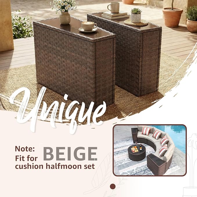 SUNSITT Rattan PE Resin Wicker Patio Side Table 2-Pack Sofa Wedge End Table with Tempered Glass Top, Brown