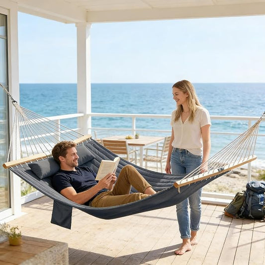 Double Hammock Outdoor Patio Garden Spreader Bars Gray | Quilted Polyester Extra Wide 2 Person Hammock Beechwood Spreader Bars Detachable Pillow Pocket and Hanging Kit Included