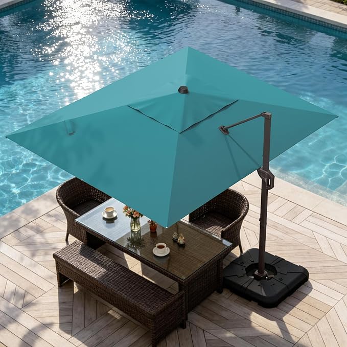 9' X 12' Cantilever Patio Umbrella Rectangle Outdoor Umbrella, 6-Level Tilt & 360° Rotation Offset Umbrella for Garden, Deck, Pool (Turquoise)