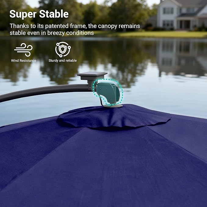 10ft Offset Patio Umbrella with Solar Light Strips,Outdoor Cantilever Hanging Umbrella with Cross Base, Fade Resistant Recycled Fabric, for Pool, Deck, Garden,Backyard,