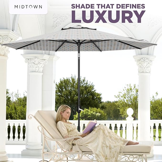 Midtown Umbrellas - The Lean 8 Ft Patio Umbrella with Fade-Resistant Sunbrella Fabric, Auto-Tilt Aluminum Frame and 8 Reinforced Ribs for Deck, Pool & Garden - Infused Gem Canopy, Black Pole