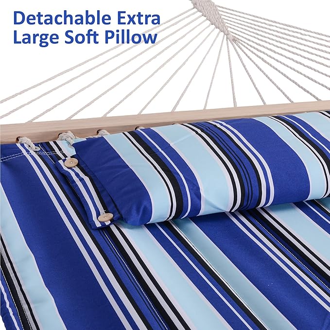 SUNCREAT Two Person Hammock with Stand Included Heavy Duty, Free Standing Hammocks Outdoors for 2 Person, Max 475lbs Capacity, Blue Stripes