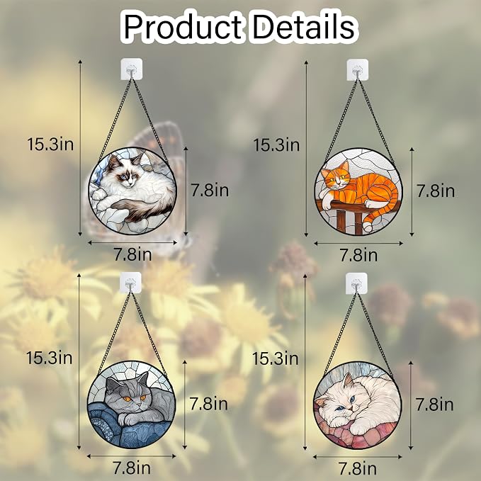 Stained Glass Window Hanging 4 Pcs Set Cute Cat 7.8" - Suncatcher Door Garden Sun Catcher Decor Birthday Mother's Day Christmas Comfort Gifts for Lost Pet Woman Nana Mom Men Friend
