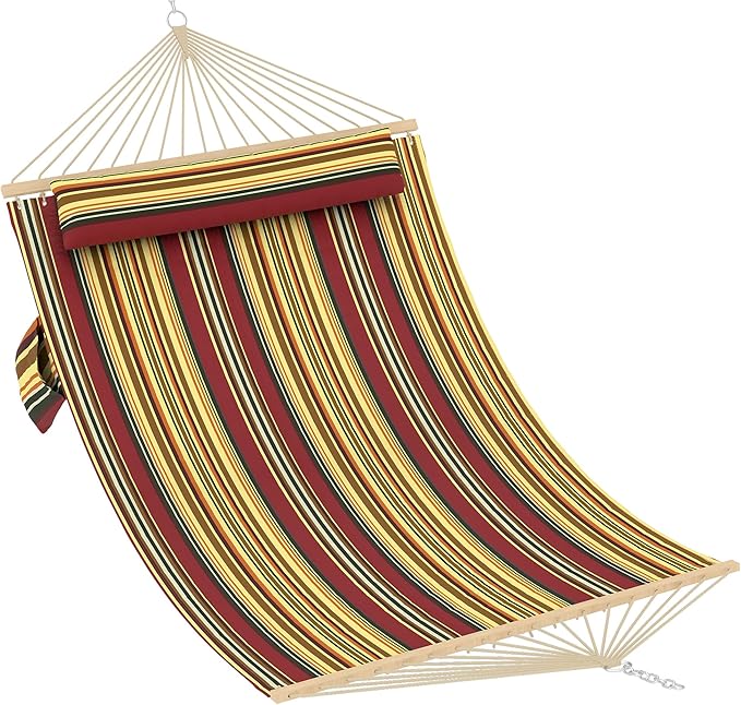 Garvee Double Quilted Fabric Hammock with Hardwood Spreader Bars and Pillow 450 LBS Capacity 2 Person Large Hammock for Outdoor Patio Backyard Poolside（Red and Yellow Stripes）