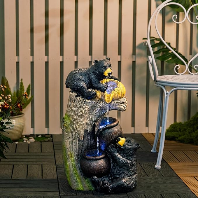 Bear Outdoor Water Fountain with LED Lights Cascading Rustic Log Garden Fountain Resin Waterfall Feature for Patio Backyard Deck Porch Yard Decor 23.6 Inch