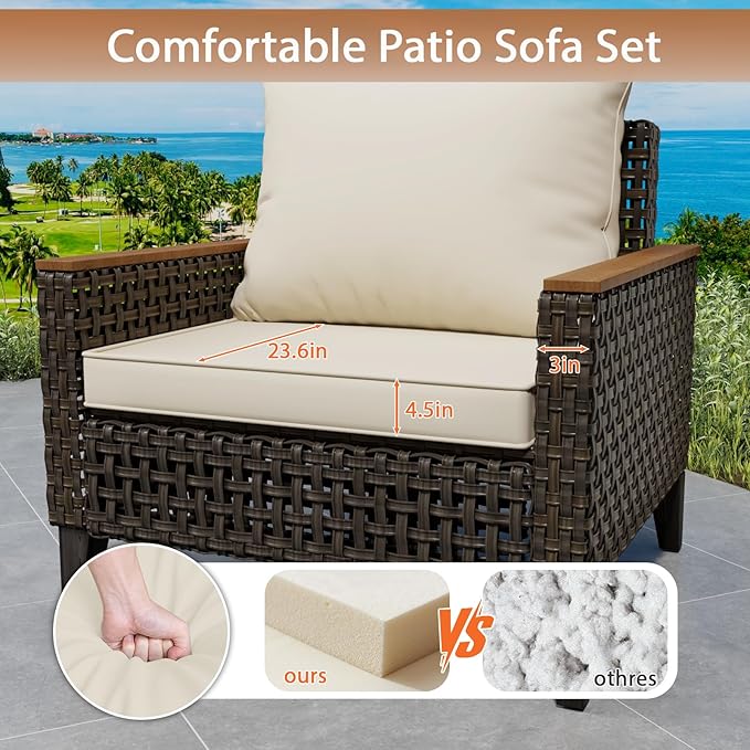 8 Piece Patio Sectional Sofa Set with 50000 BTU Fire Pit Table, All-Weather Wicker Rattan Outdoor Conversation Set, High Back, for Garden, Porch, Poolside, Beige